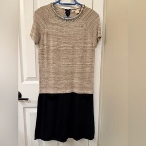 Nougat London Beige and Black Dress with Jewel Neckline